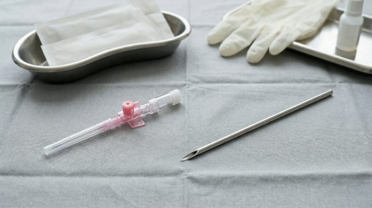 Material estéril para procedimiento de Body Piercing: cánula 14G, aguja, catéter, guantes estériles y antiséptico dispuestos sobre campo estéril