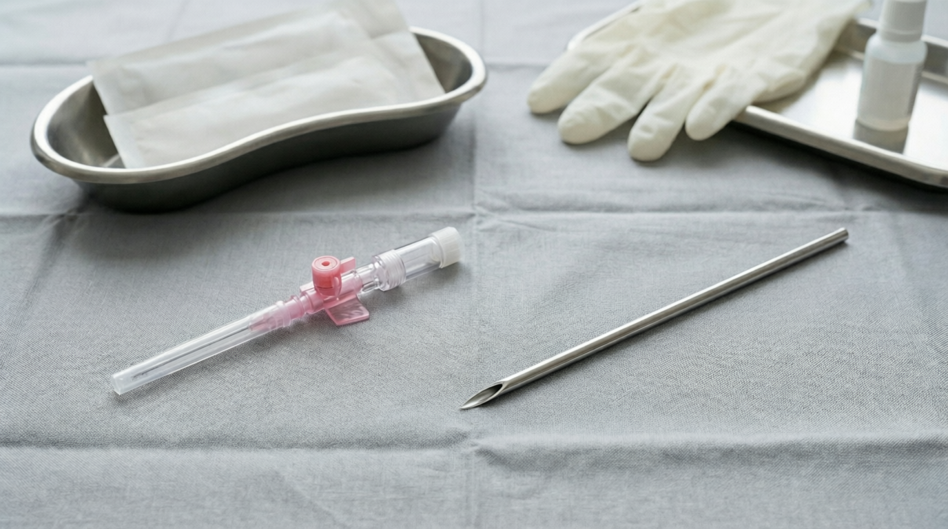 Material estéril para procedimiento de Body Piercing: cánula 14G, aguja, catéter, guantes estériles y antiséptico dispuestos sobre campo estéril