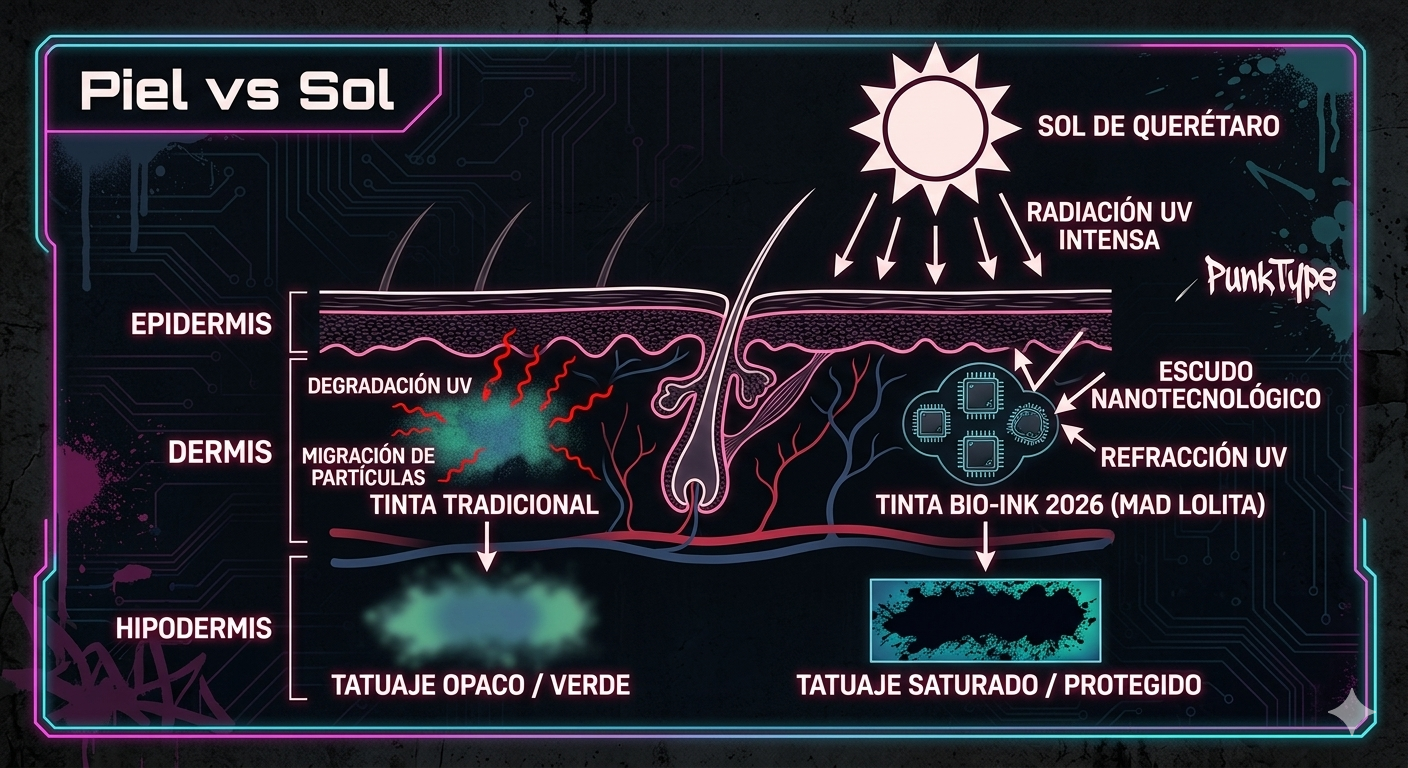 Esquema técnico de la piel mostrando el efecto del sol de Querétaro en las tintas de tatuaje y el escudo de nanotecnología Mad Lolita