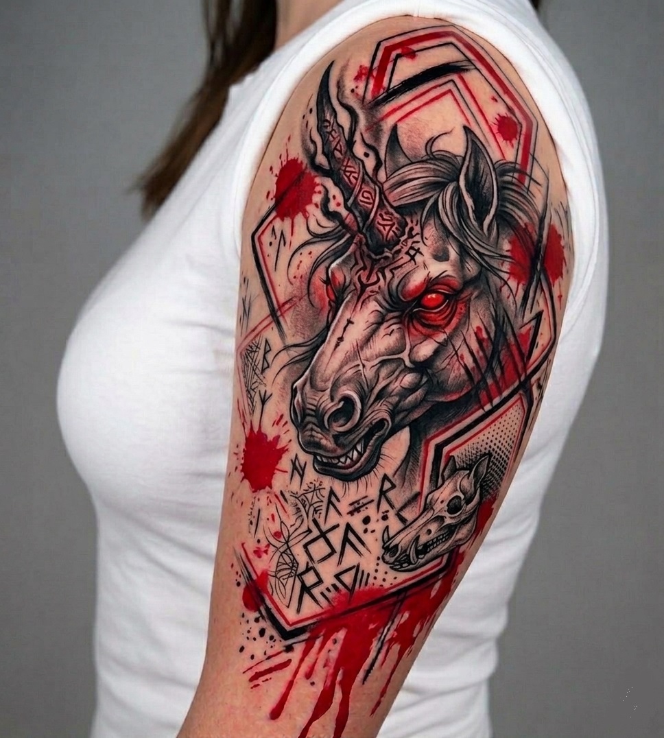 Detalle tatuaje Trash Polka brazo con técnica de salpicaduras negro-rojo