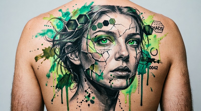 Tatuaje Trash Polka rostro realista con manchas verdes - Mad Lolita Corregidora