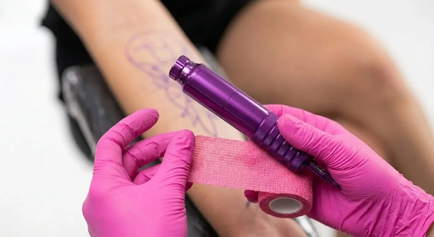 Preparación de máquina de tatuar con barreras de protección