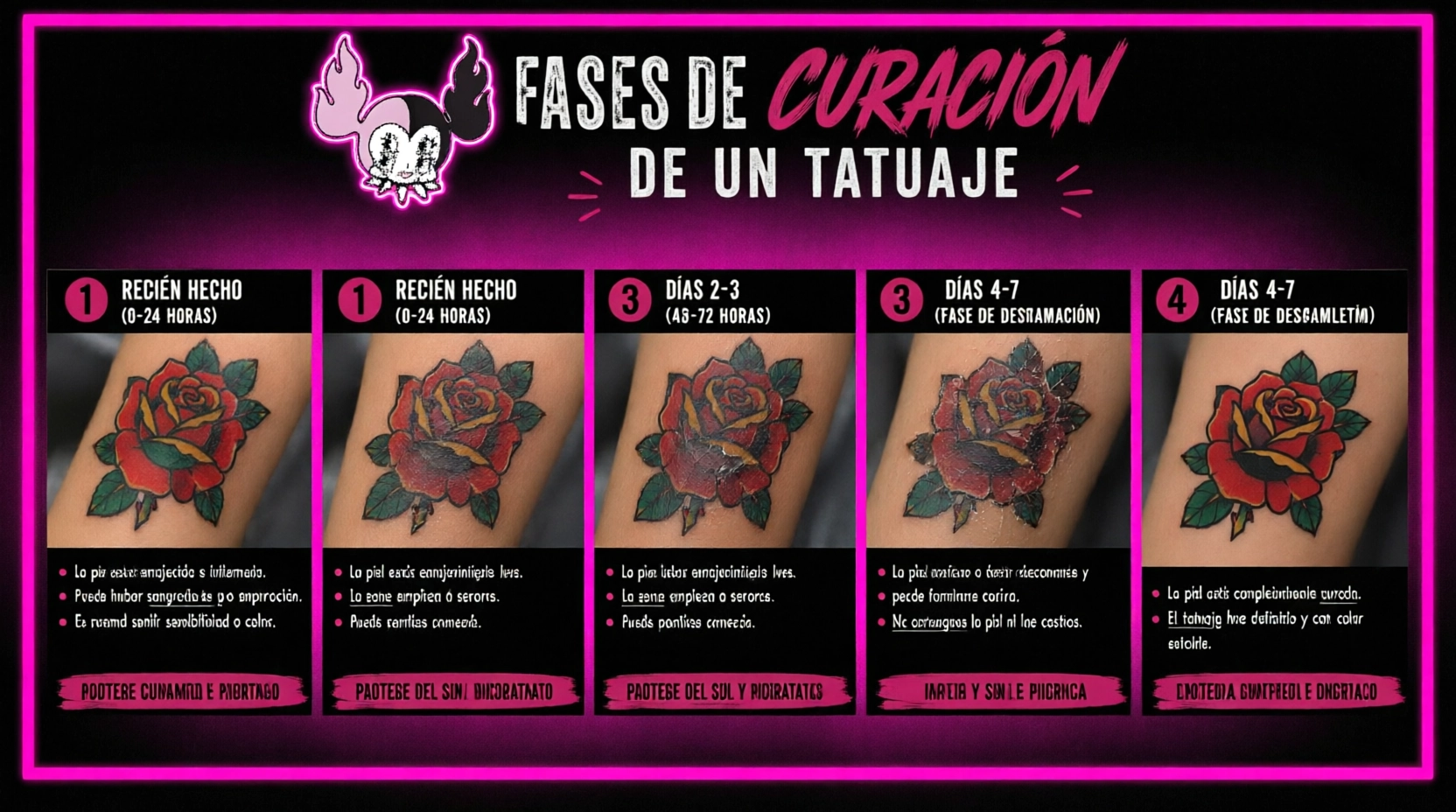Infografía de las 6 fases de curación de un tatuaje en Mad Lolita