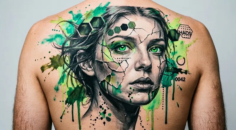 Composición Trash Polka con rostro realista intervenido por elementos gráficos y manchas