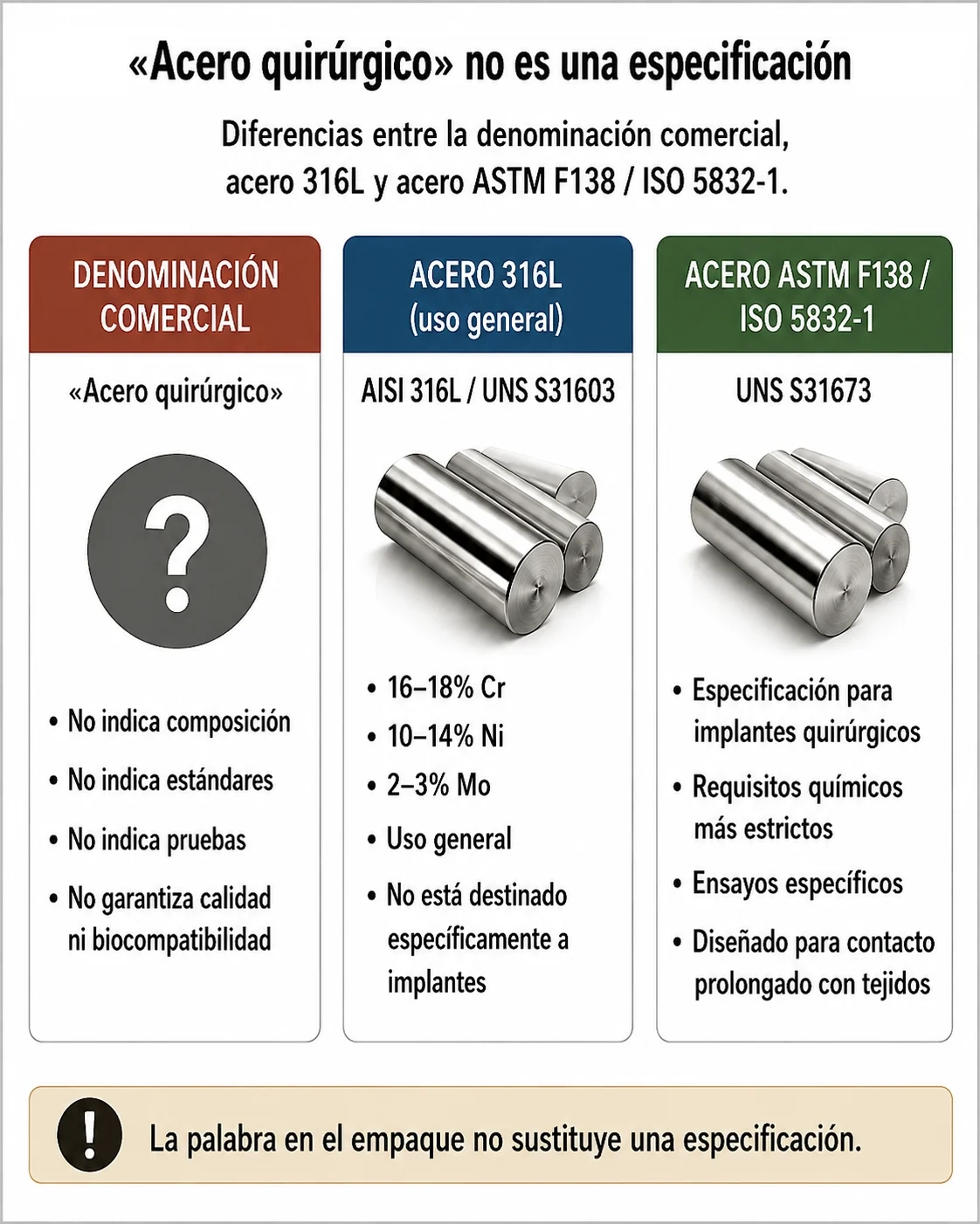 Comparación entre la denominación comercial acero quirúrgico, el acero inoxidable 316L de uso general y el acero para implantes ASTM F138 o ISO 5832-1.