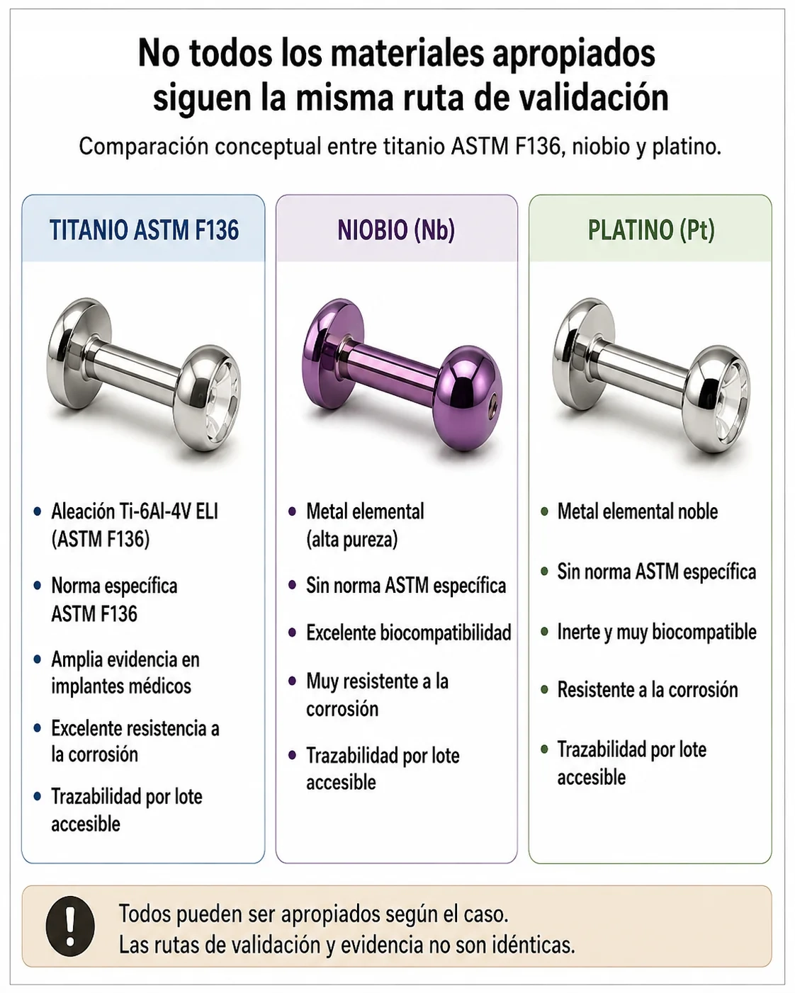 Comparación conceptual entre titanio ASTM F136, niobio y platino para mostrar que distintos materiales apropiados no siguen la misma ruta de validación.