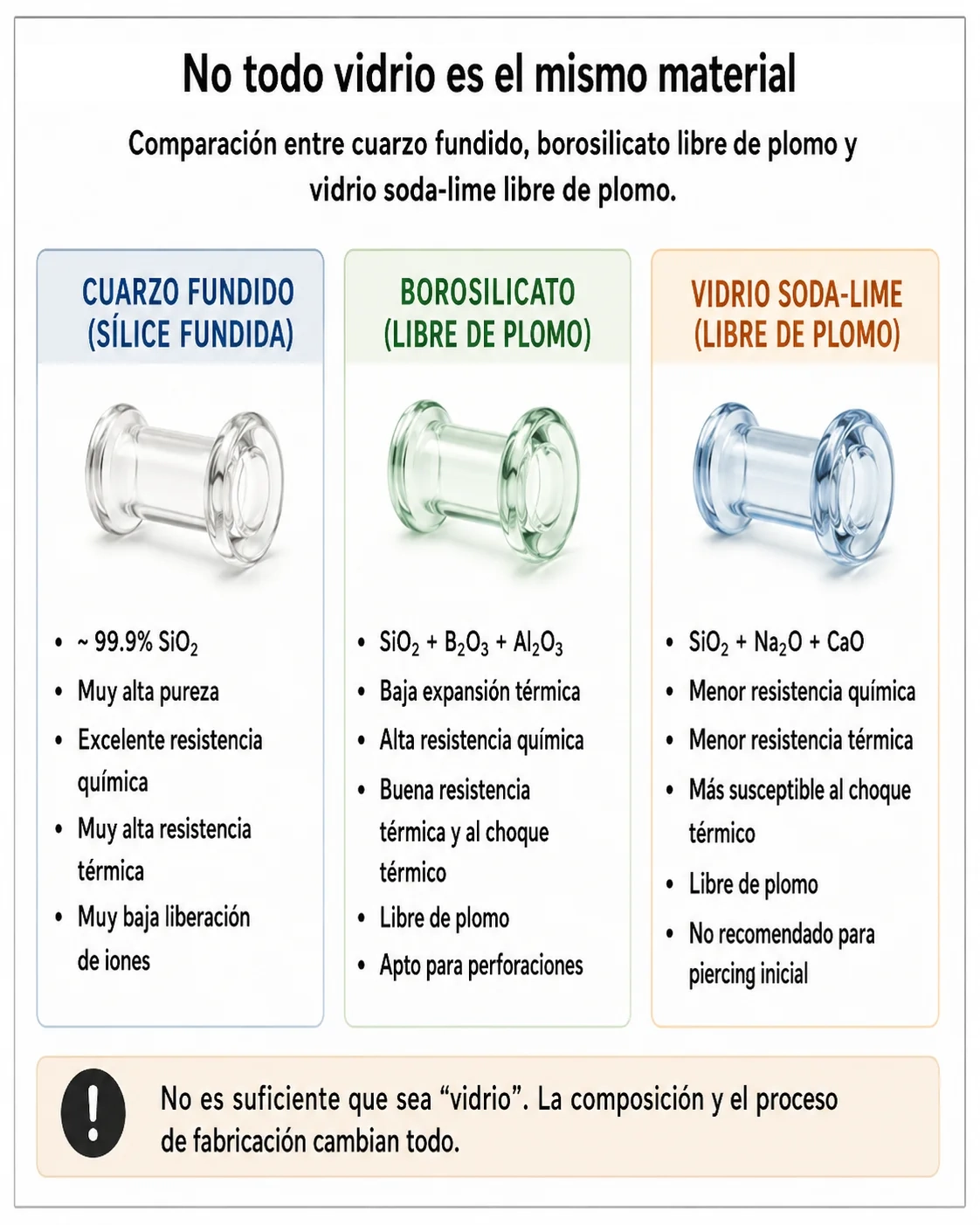 Comparación de cuarzo fundido, vidrio de borosilicato libre de plomo y vidrio soda-lime libre de plomo, con diferencias de composición y propiedades.
