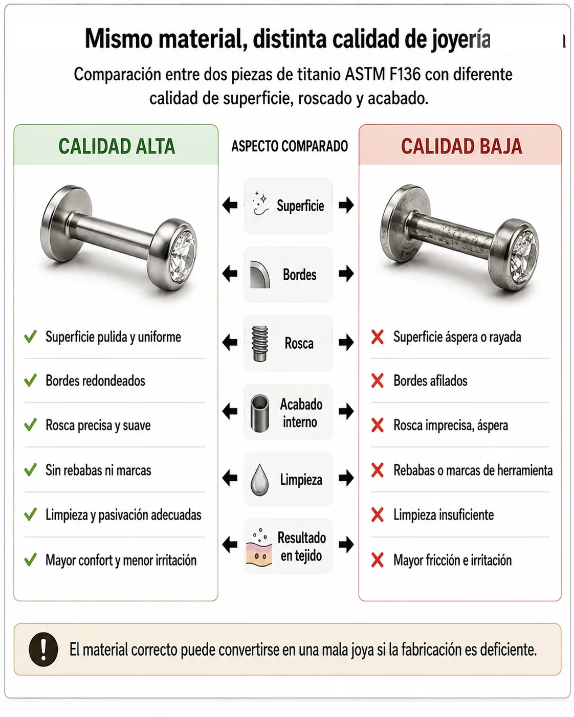 Comparación entre dos piezas del mismo material con distinta calidad de superficie, bordes, rosca, acabado interno y limpieza.