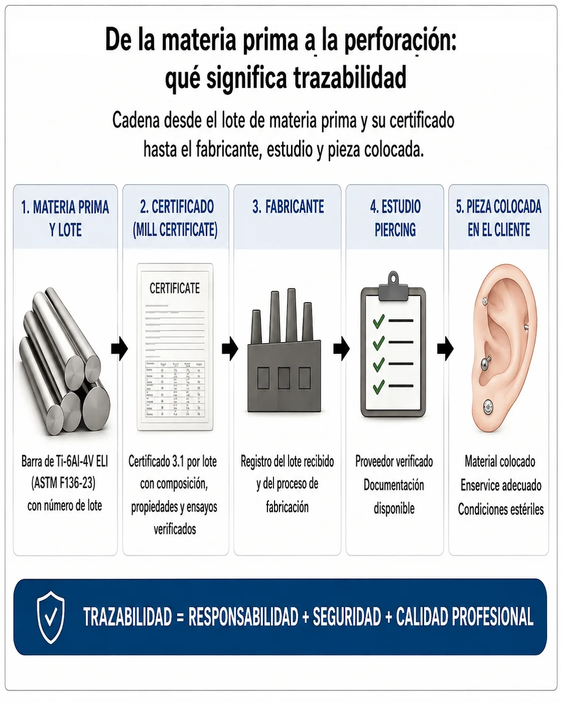 Cadena de trazabilidad desde el lote de materia prima y su certificado hasta el fabricante, el estudio de piercing y la pieza colocada al cliente.
