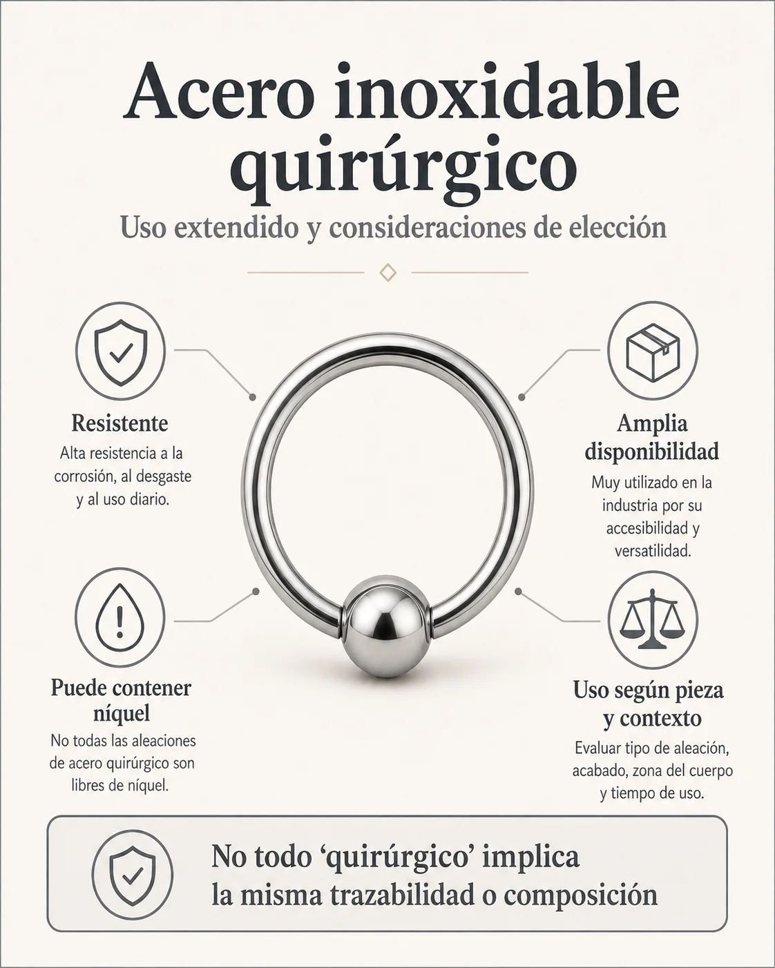 Lámina educativa sobre acero inoxidable llamado quirúrgico, con referencias a resistencia, disponibilidad, presencia de níquel y necesidad de evaluar la aleación y el contexto.