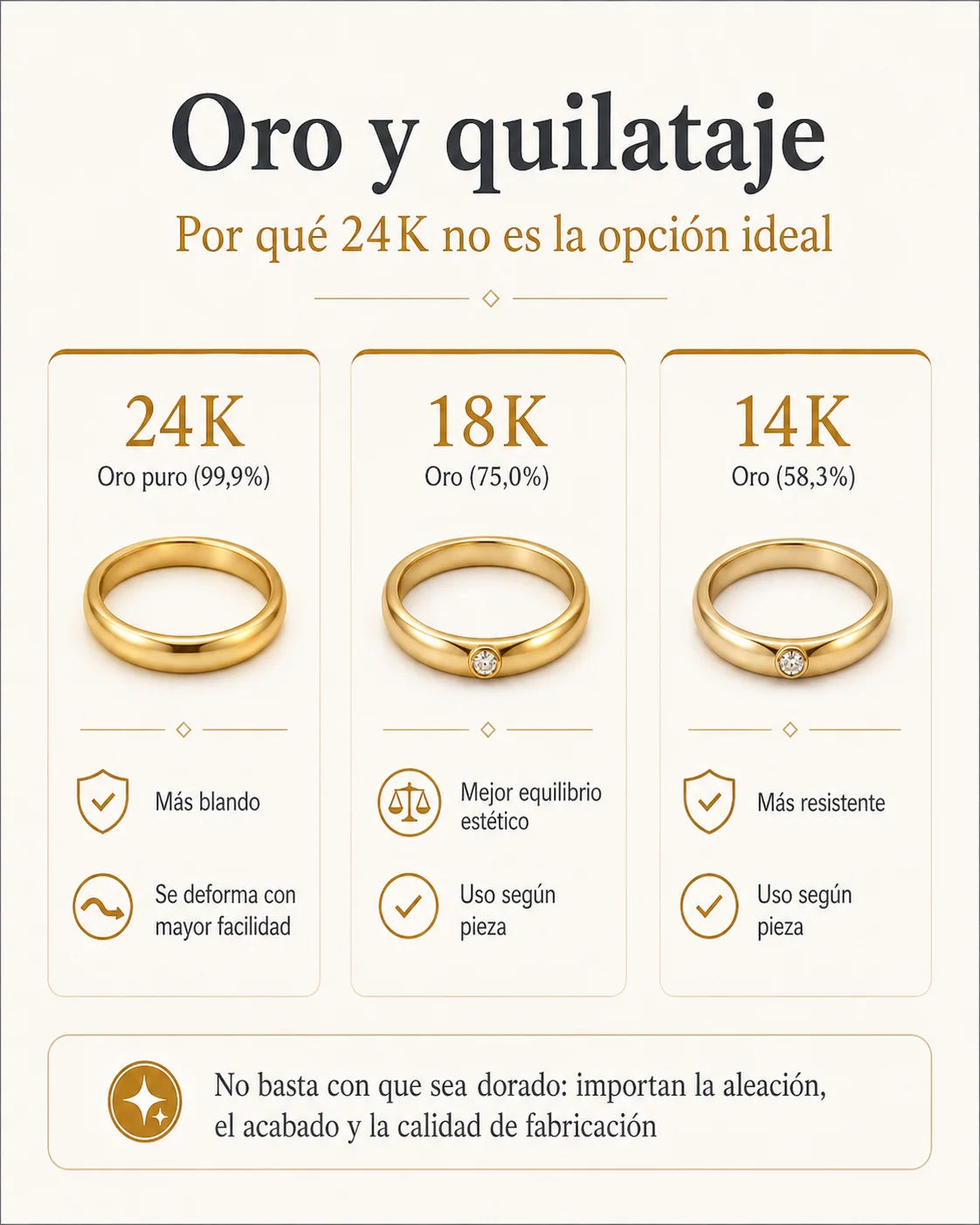 Comparación visual de oro de 24K, 18K y 14K para mostrar diferencias entre pureza y resistencia mecánica en joyería corporal.