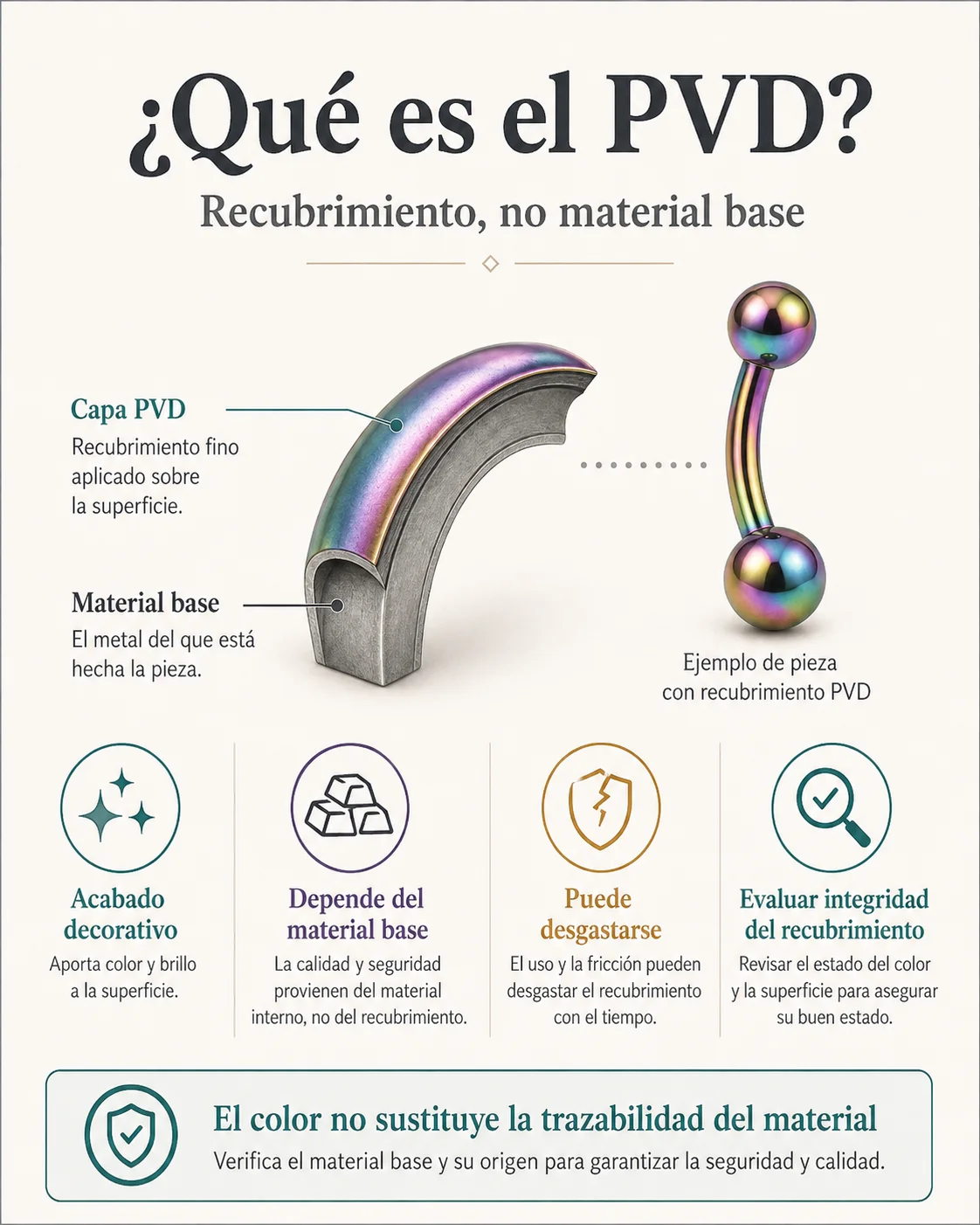 Esquema de una joya con recubrimiento PVD que diferencia la capa superficial del material base y muestra que el color no identifica por sí solo la composición.