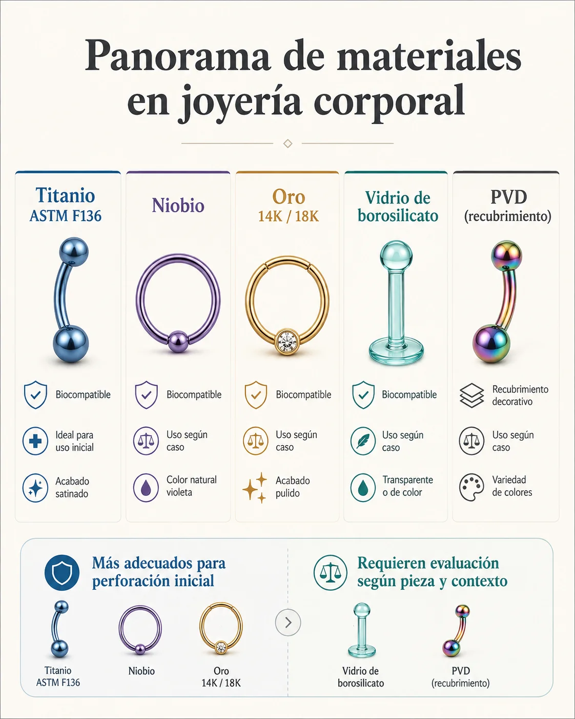 Panorama visual de materiales y acabados utilizados en joyería corporal: titanio ASTM F136, niobio, oro de 14K y 18K, vidrio de borosilicato y PVD.