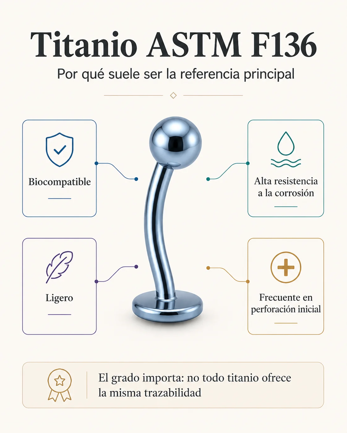 Lámina educativa sobre titanio ASTM F136 con una pieza de joyería y referencias a biocompatibilidad, ligereza, resistencia a la corrosión y uso frecuente en perforaciones iniciales.