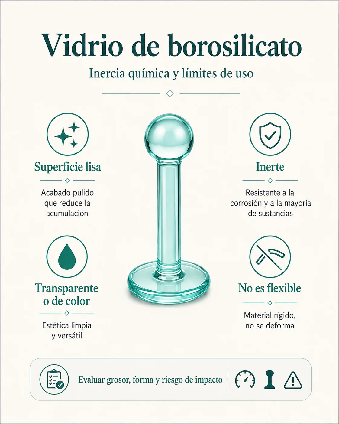 Lámina sobre vidrio de borosilicato en joyería corporal con referencias a superficie lisa, inercia química, transparencia y rigidez.
