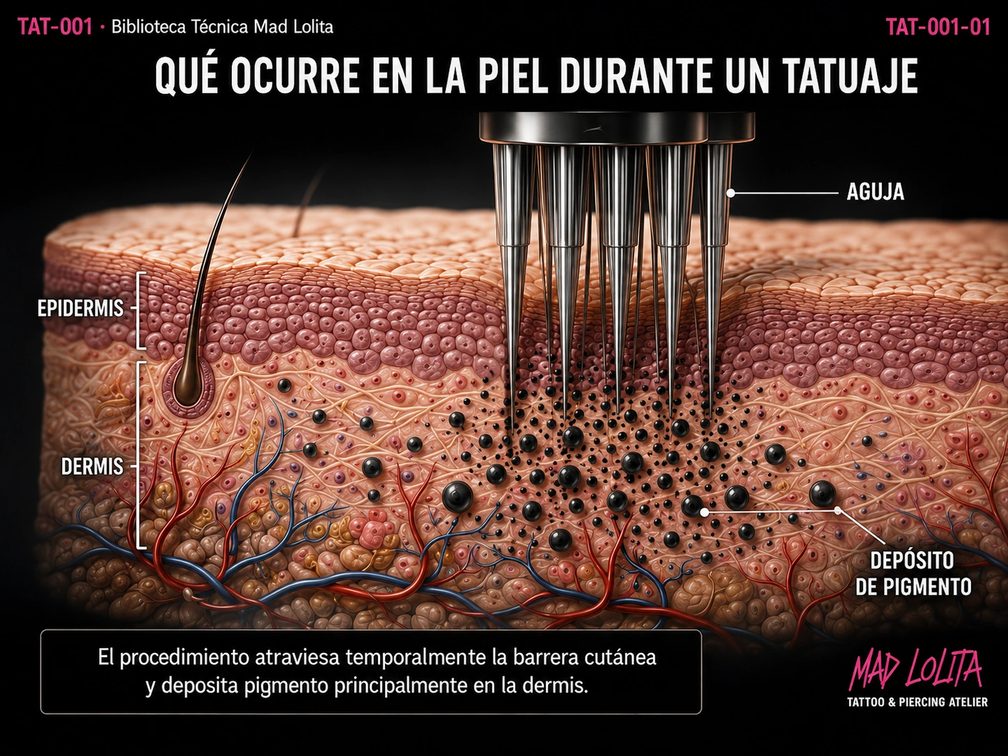 Corte transversal de piel que muestra el paso de las agujas de tatuaje a través de la epidermis y el depósito de pigmento en la dermis.