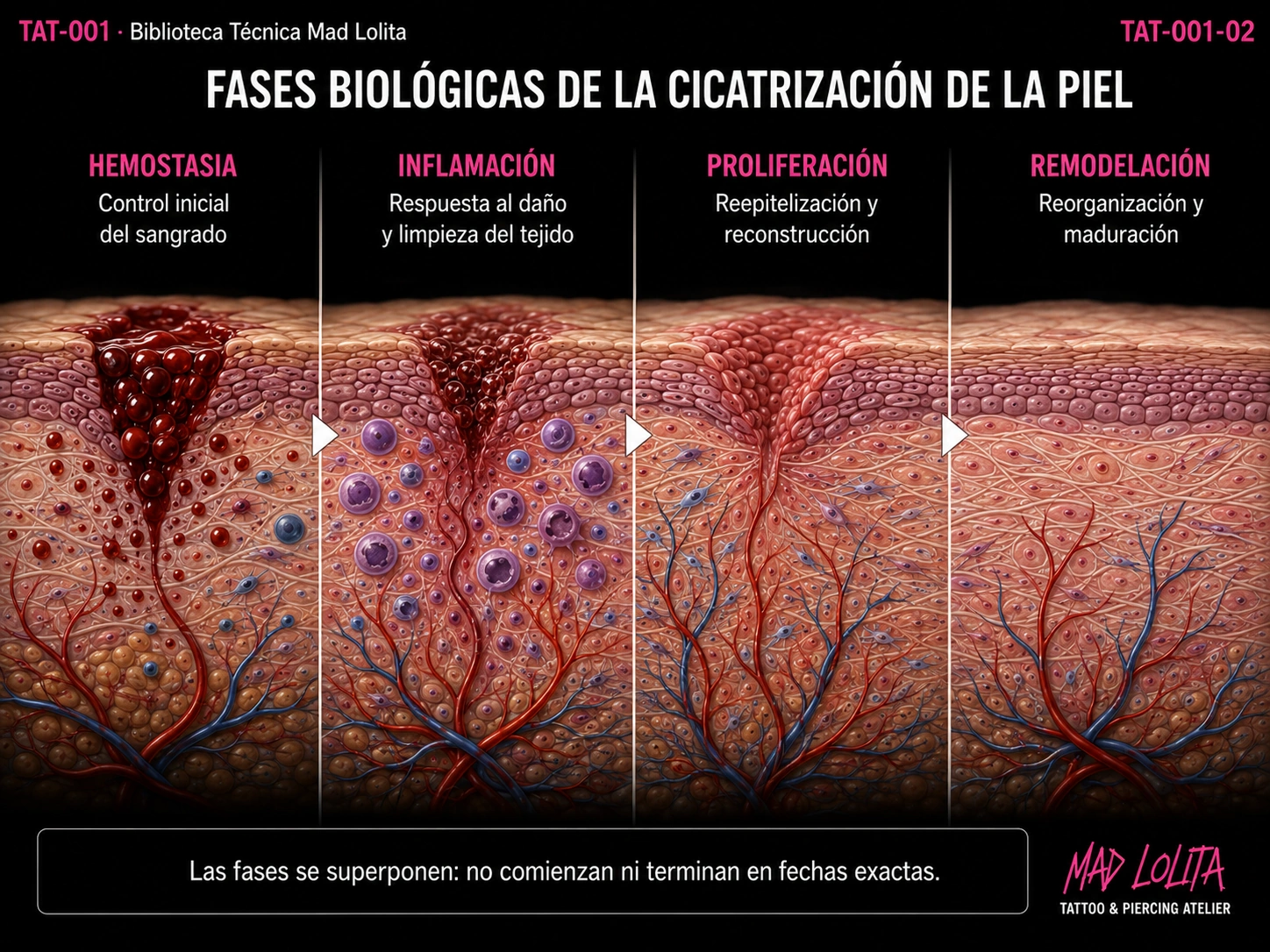 Ilustración de las cuatro fases superpuestas de reparación cutánea: hemostasia, inflamación, proliferación y remodelación.