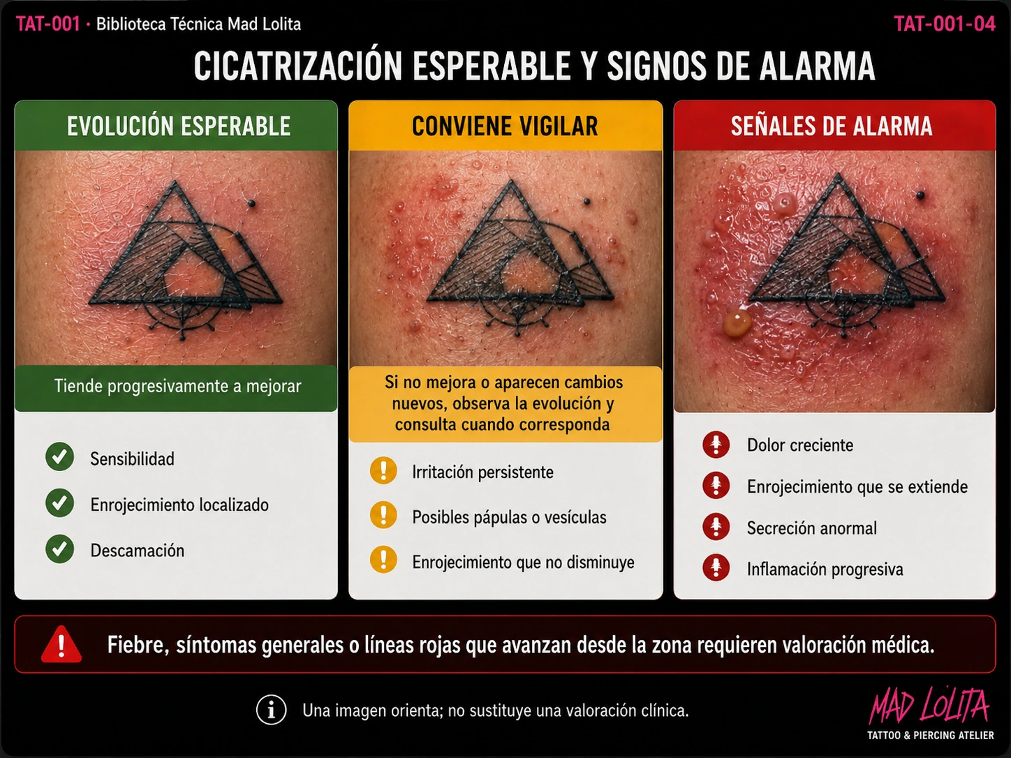 Comparación hiperrealista entre una evolución esperable de la cicatrización del tatuaje, cambios que conviene vigilar y signos de alarma que requieren valoración profesional.
