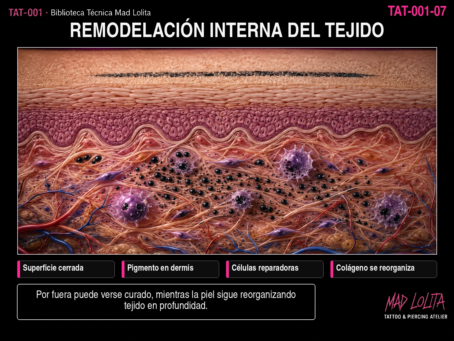 Ilustración médica de piel tatuada que muestra superficie cerrada, pigmento en la dermis, células reparadoras y reorganización del colágeno.