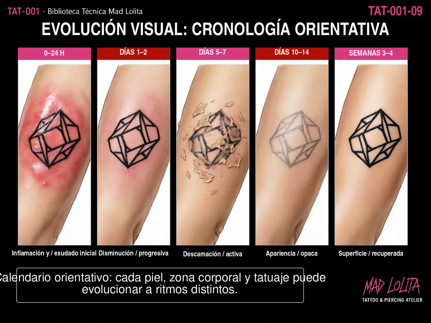 Cronología visual de la cicatrización de un tatuaje desde el día cero hasta las semanas tres y cuatro.