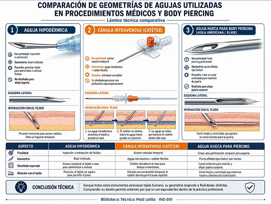 Comparación de geometrías de agujas utilizadas en procedimientos médicos y body piercing