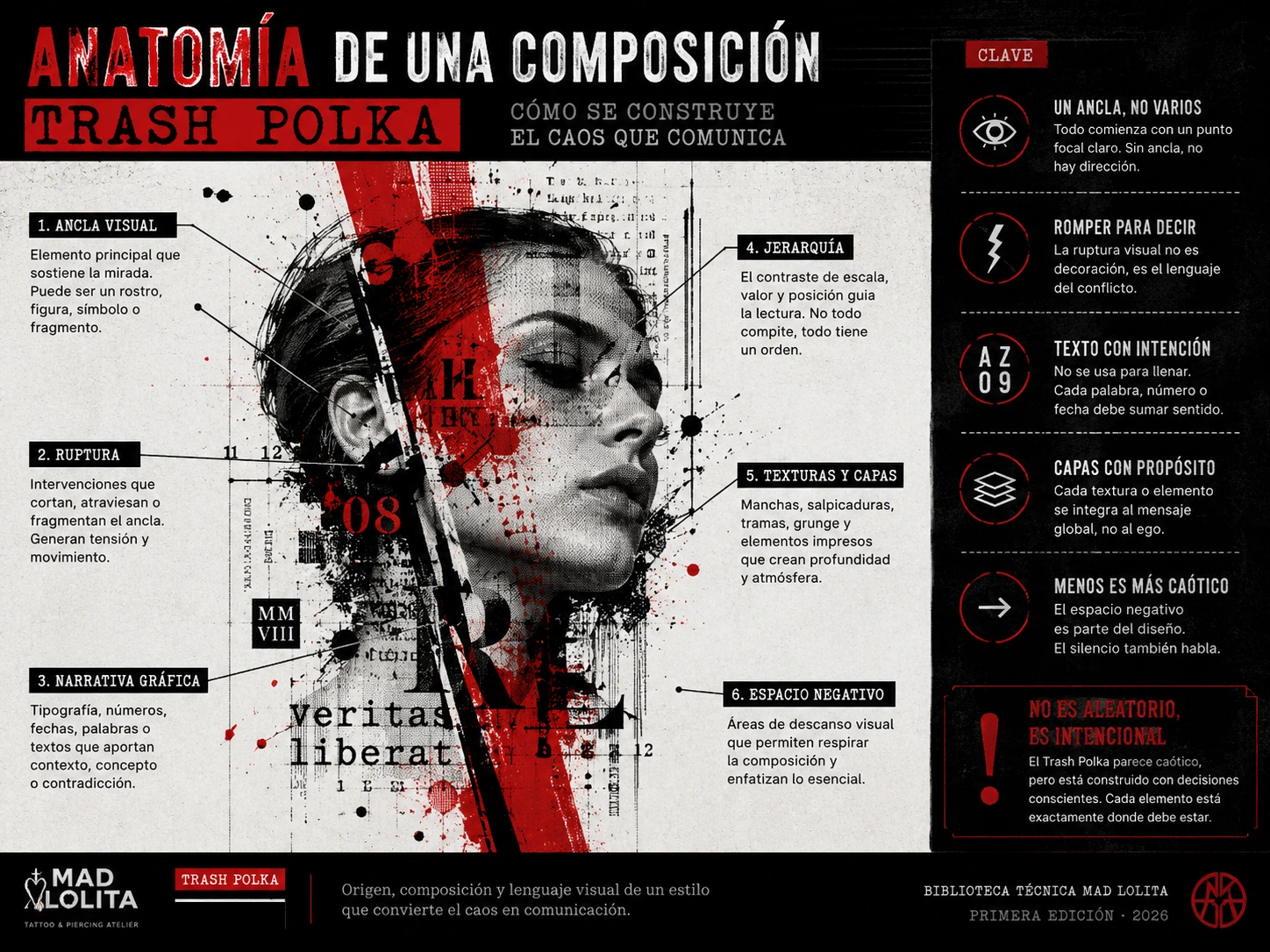 Anatomía visual de una composición Trash Polka con ancla, ruptura, narrativa gráfica y espacio negativo