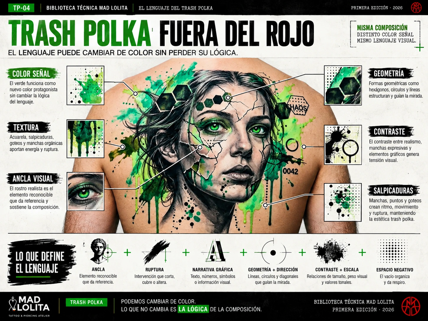 Composición Trash Polka con rostro realista intervenido por elementos gráficos y manchas